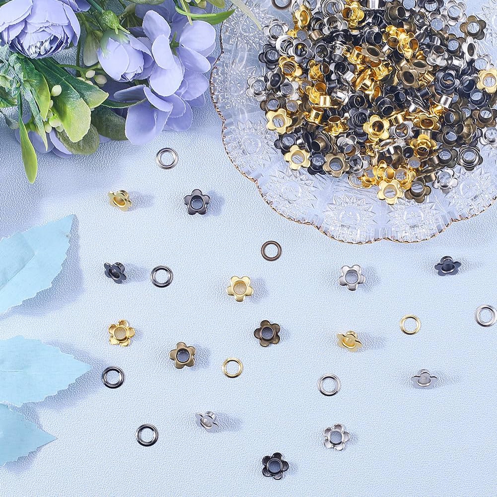 GORGECRAFT 1 Box 200Pcs 4 Colors Flower Metal Eyelets Bulk Brass Silver Golden Black Floral Grommets Rivet Eyelet Findings with 5mm Hole for Leather Scrapbooking Belt Bag Clothes DIY Craft Making
