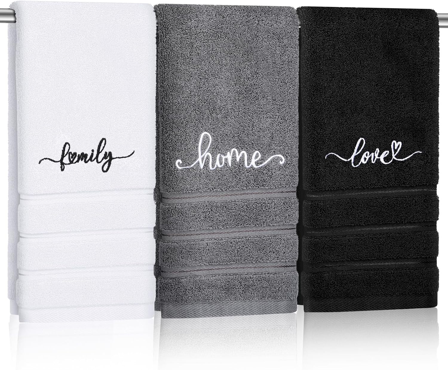 Booson 3 Pcs Farmhouse Decorative Hand Towels Bathroom Decor Kitchen Rustic Embroidered Cotton Dish Towels for Boho Decorative Home Bathroom Housewarming Gift 13x29 inch (Black, Home Love Family)