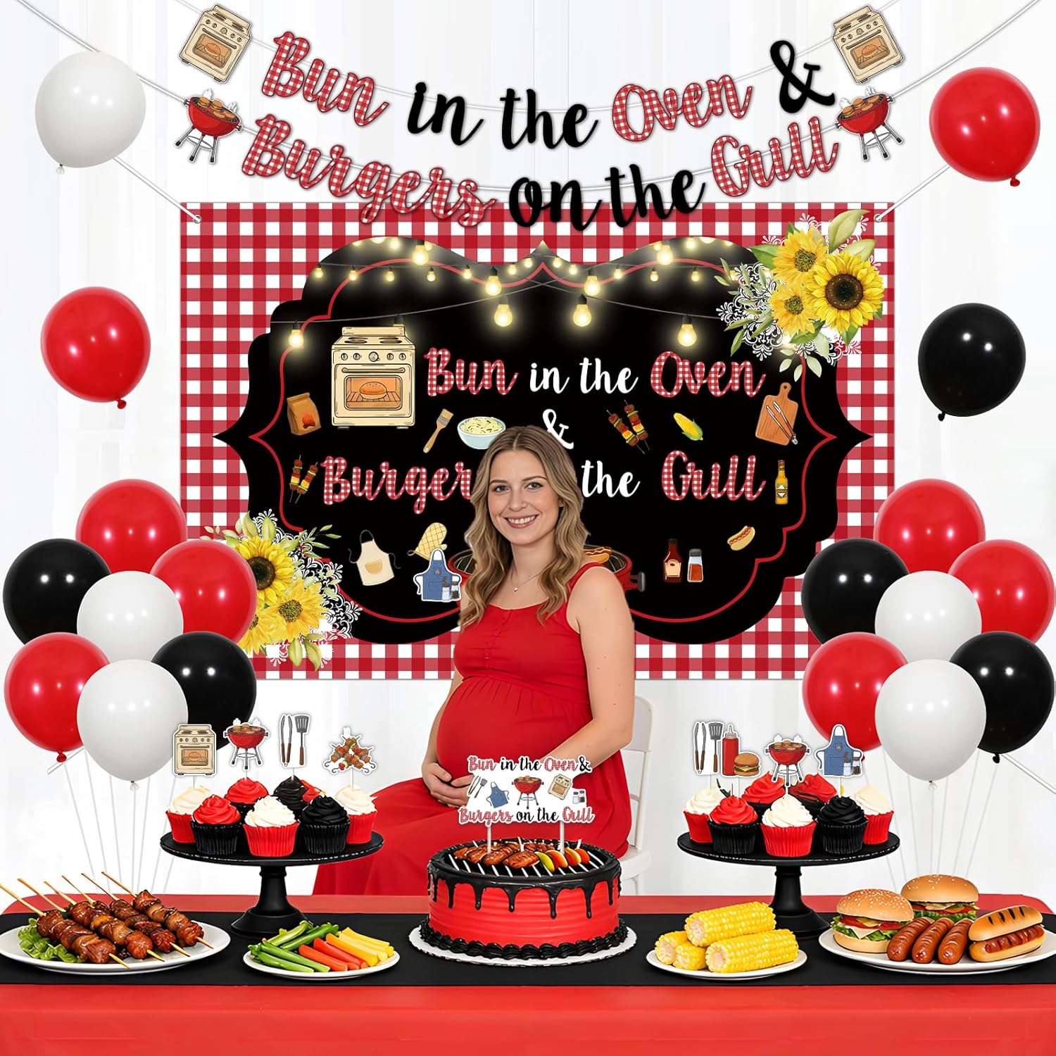 Bun in the Oven and Burgers on the Grill Baby Shower Decorations, BBQ Theme Banner Backdrop Cake Topper Cupcake Toppers with Red Black White Balloons for Gender Neutral Picnic Party
