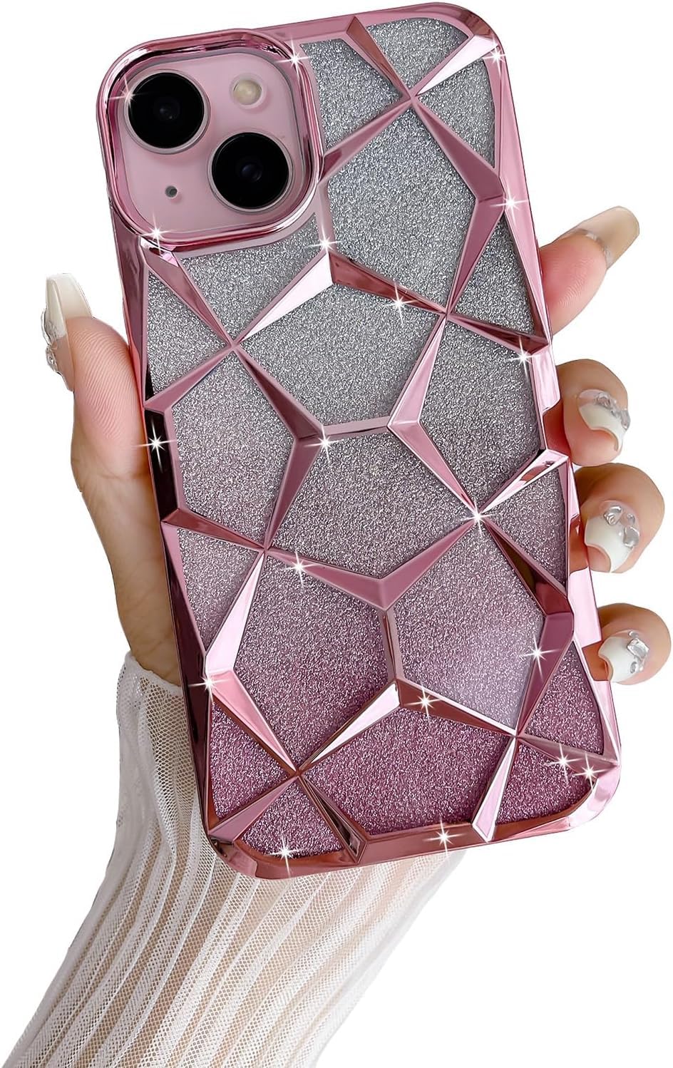 VONZEE iPhone 15 Plus Gradient Glitter Case, Luxury Electroplated Geometric 3D Cube, Diamond Bling Shiny Soft TPU Clear Shockproof Women Girls Protective Phone Cover (Pink) (B0CYH6CTHK) Amazon Price History, Amazon Price Tracker
