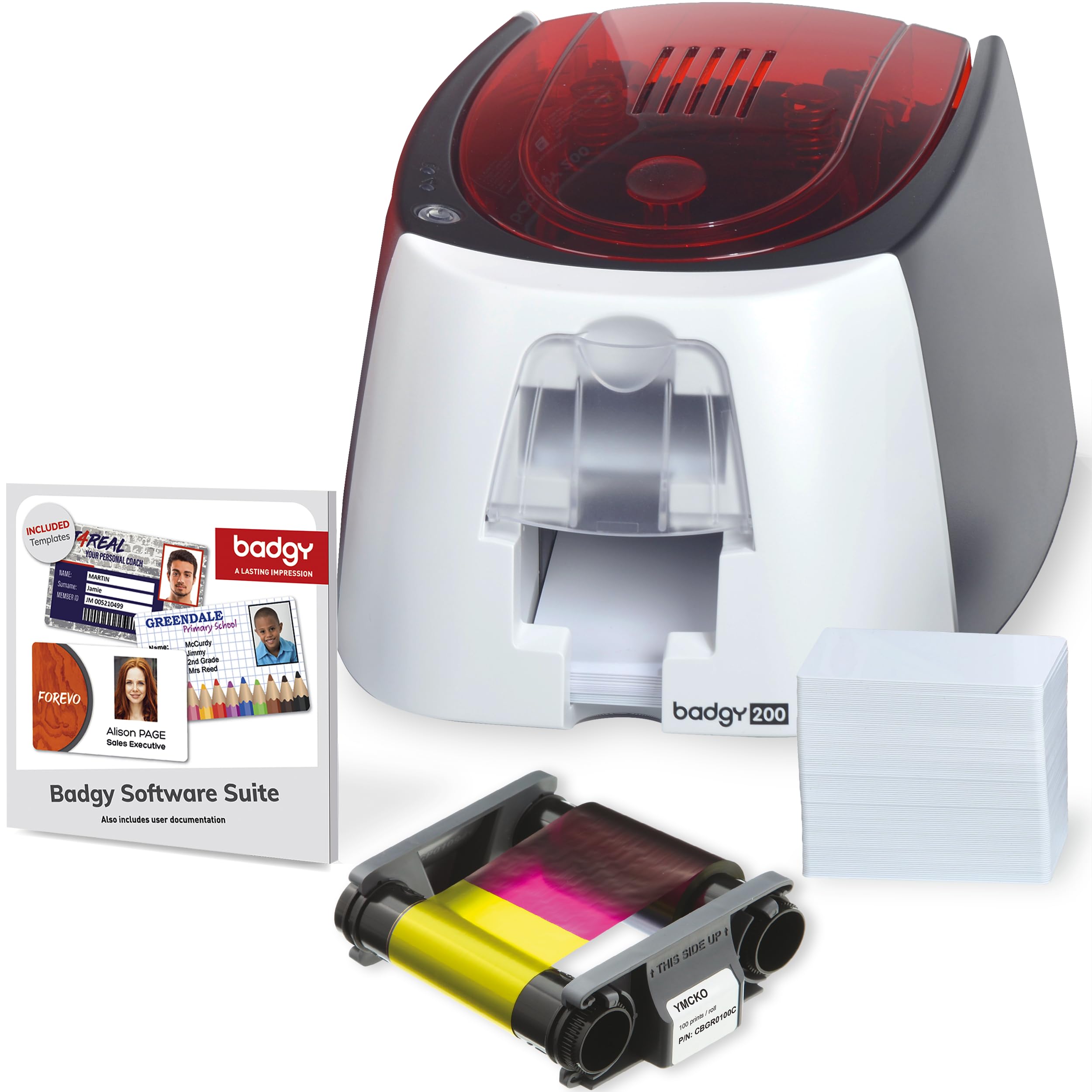 Badgy200 Plastic Card Printer with Badge Studio+ ID design software for full color, custom, tamper proof ID badges in seconds