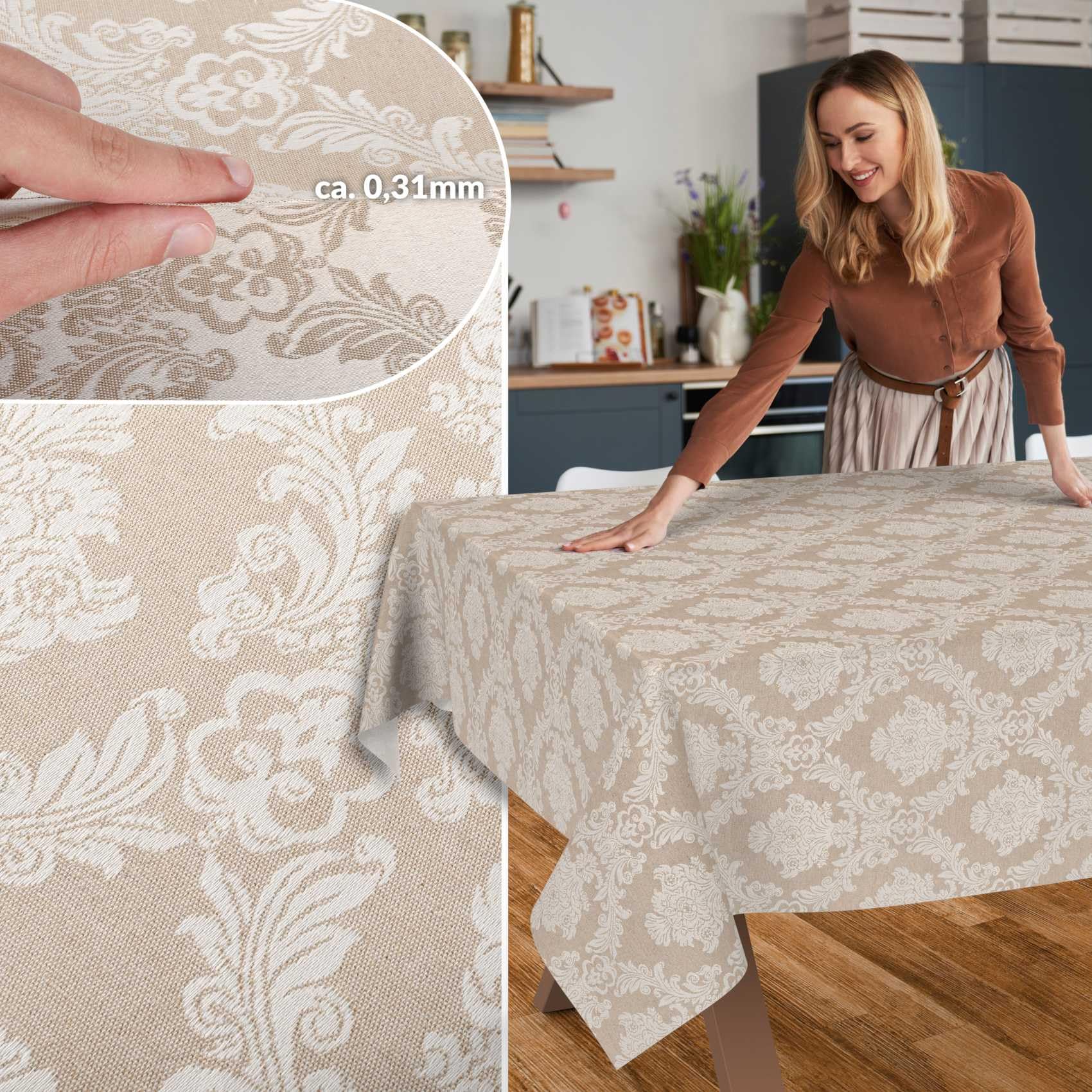 Stoff Tischdecke Textil Tischwäsche Tischtuch Baumwolle Polyester abwaschbar Uni Ornament Damast Jacquard Gewebe waschbar Barock Beige 350x140cm Schnittkante