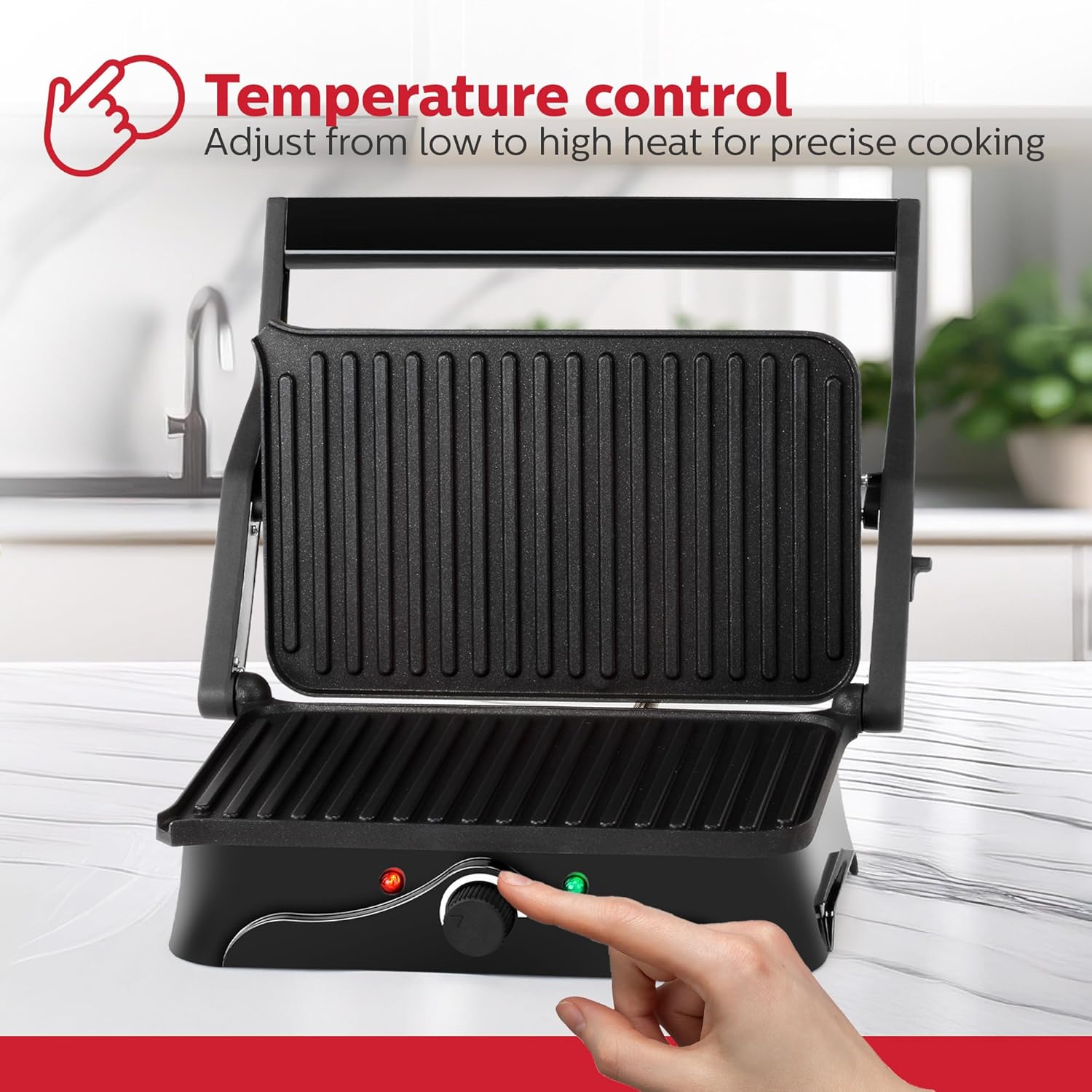 Holstein Housewares 2-Slice Panini Press and Grill - Black/Stainless Steel Sandwich Maker with Non-Stick Coating, Temperature Control, and Drip Tray - Opens 180 Degrees for Versatile Cooking