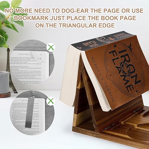 Miniatura 4 de Soporte de madera para reposo de lectura, soporte triangular de acacia con taza, gafas, bolígrafo y soporte para teléfono, valet de lectura de