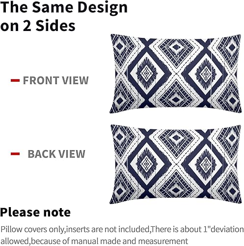 Miniatura 4 de Juego de 2 fundas de almohada lumbares geométricas de color azul marino y blanco de 12 x 20 pulgadas, color azul índigo, marfil, diamante Ikat,