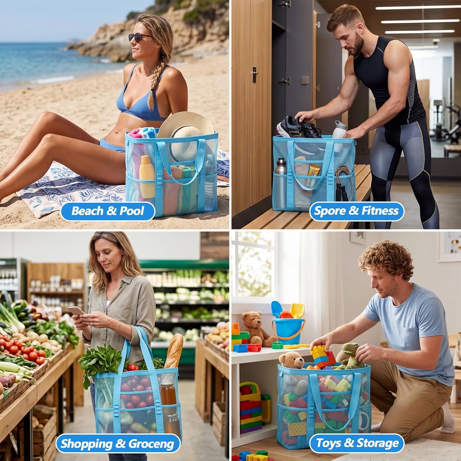 Swim Mesh Beach Bag Large 8 Pockets Packable Waterproof Sandproof Beach Tote Bags Travel Pool Cruise Beachbag Essentials for Vacation Must Haves(Blue)