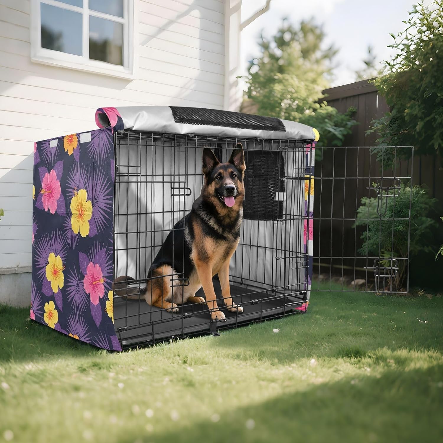 Tropical Hibiscus Flowers Dog Crate Cover 600D Oxford Pet Kennel Cover with Mesh Window for Dog Cages, Windproof Waterproof Machine Washable, 42"x28"x30"