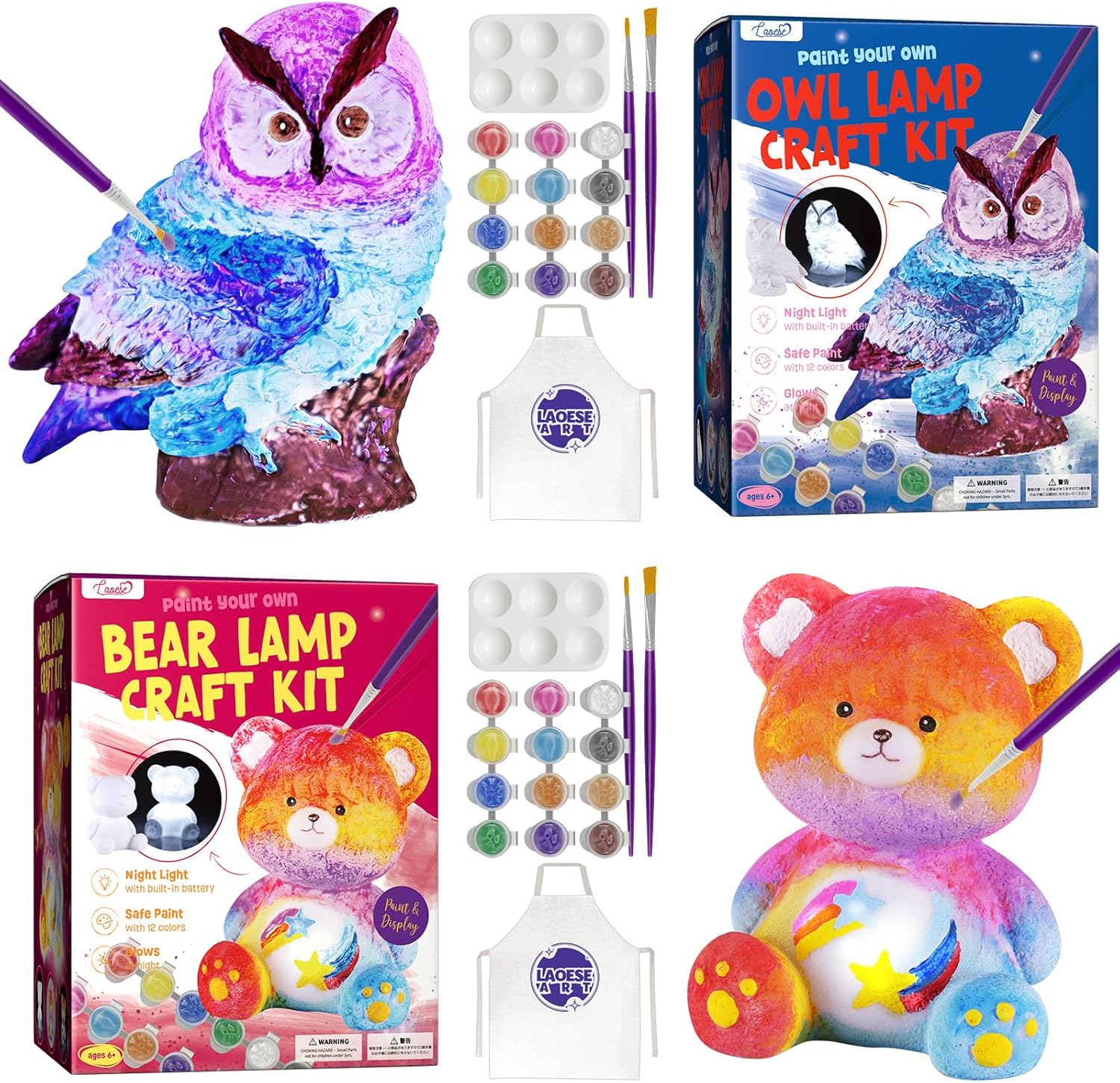 LAOESE DIY Bear & Owl Lamps Painting Adventure - Engaging Arts & Crafts Kits for Kids 6-12 - Perfect for Birthdays and Holidays!