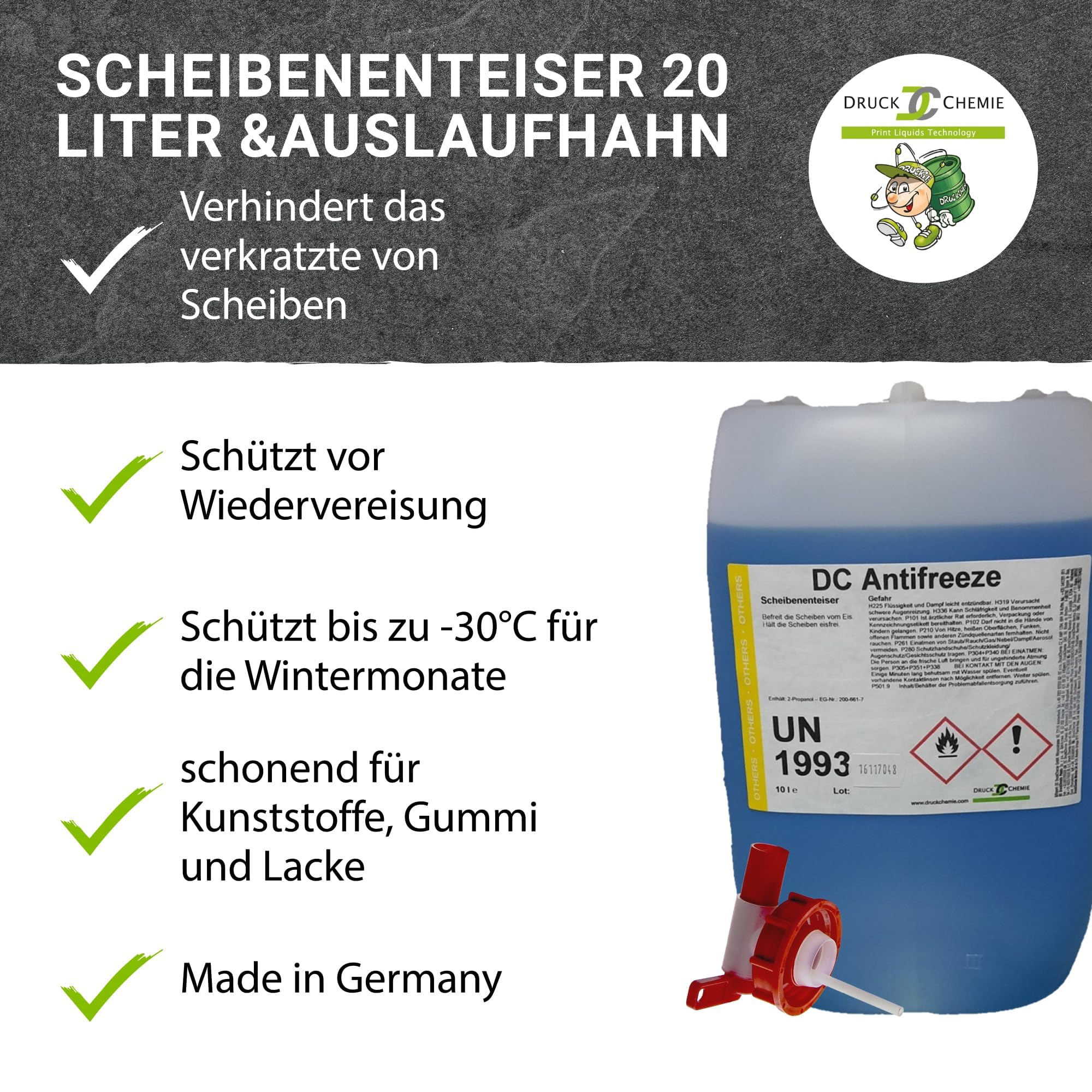DC DruckChemie GmbH Antifreeze Scheibenenteiser Auto 2 x 10L + Auslaufhahn - Leistungsstarker Entfroster für Autoscheiben, Seitenspiegel & Scheinwerfer