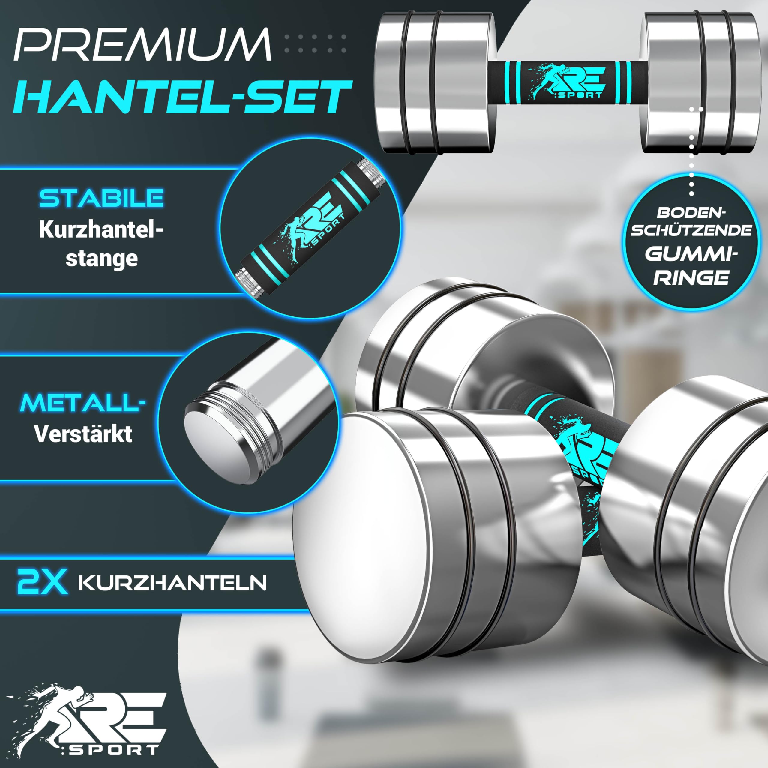 RE:SPORT® 2er Hanteln Set aus massivem Stahl 2,5/5/7,5/10 kg | Hantel Kurzhantel mit Gewichten & Schaumstoffgriff | Fitness Kurzhanteln Home Gym, Krafttraining & Muskelaufbau