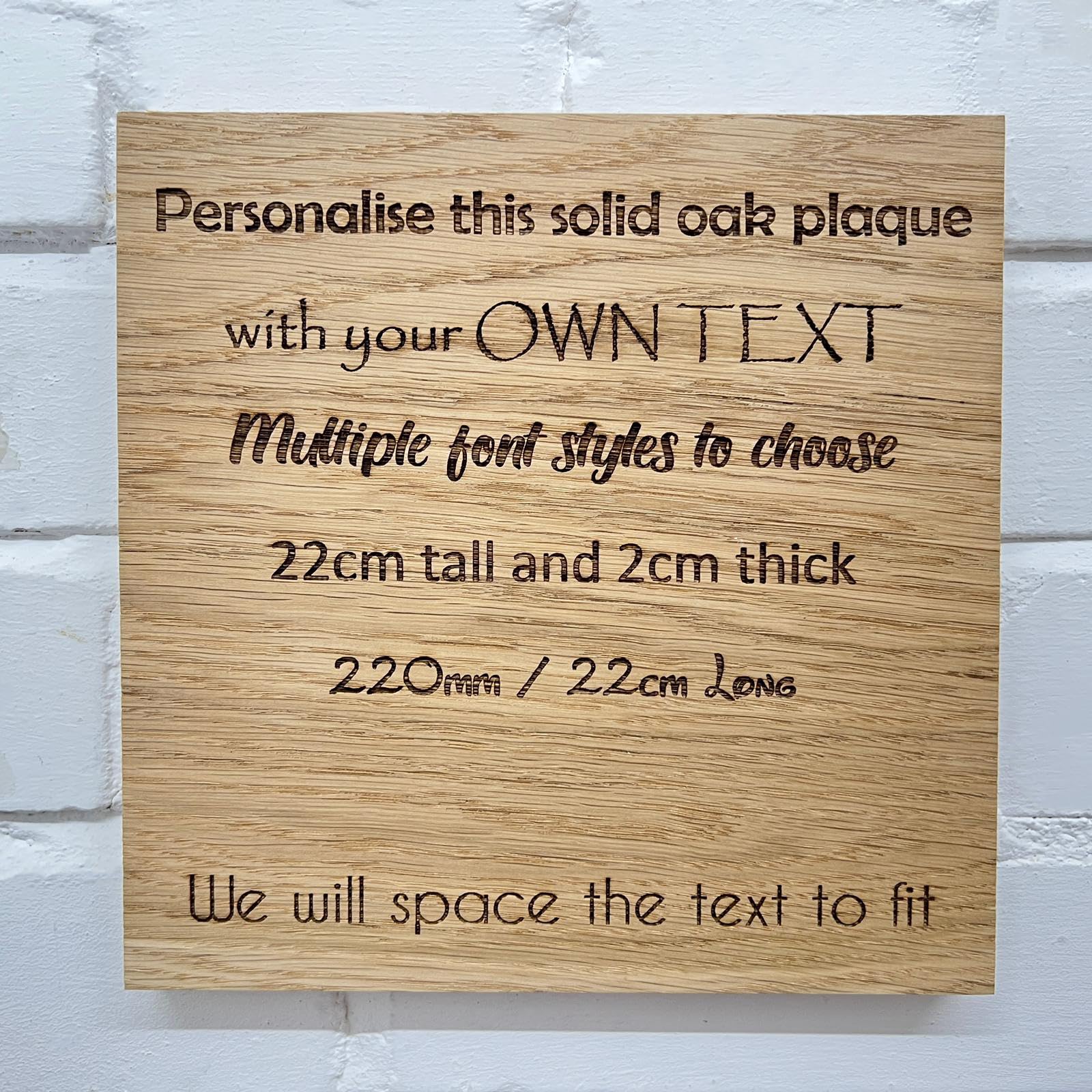 Personalised Engraved Solid Oak Plaque (multiple size options) Wall Sign House Name Custom Wooden Indoor/Outdoor Square Sign (22cm x 22cm)