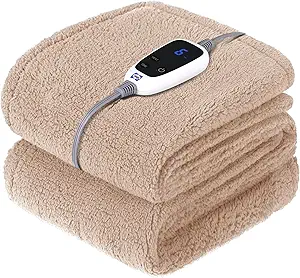 Sealy Electric Blanket Heated Throw 50"x60" Soft Double Sherpa Super Cozy with 6 Fast Heating Levels & 2-10 Hours Auto-Off, Over-Heat Protection, Machine Washable, Camel
