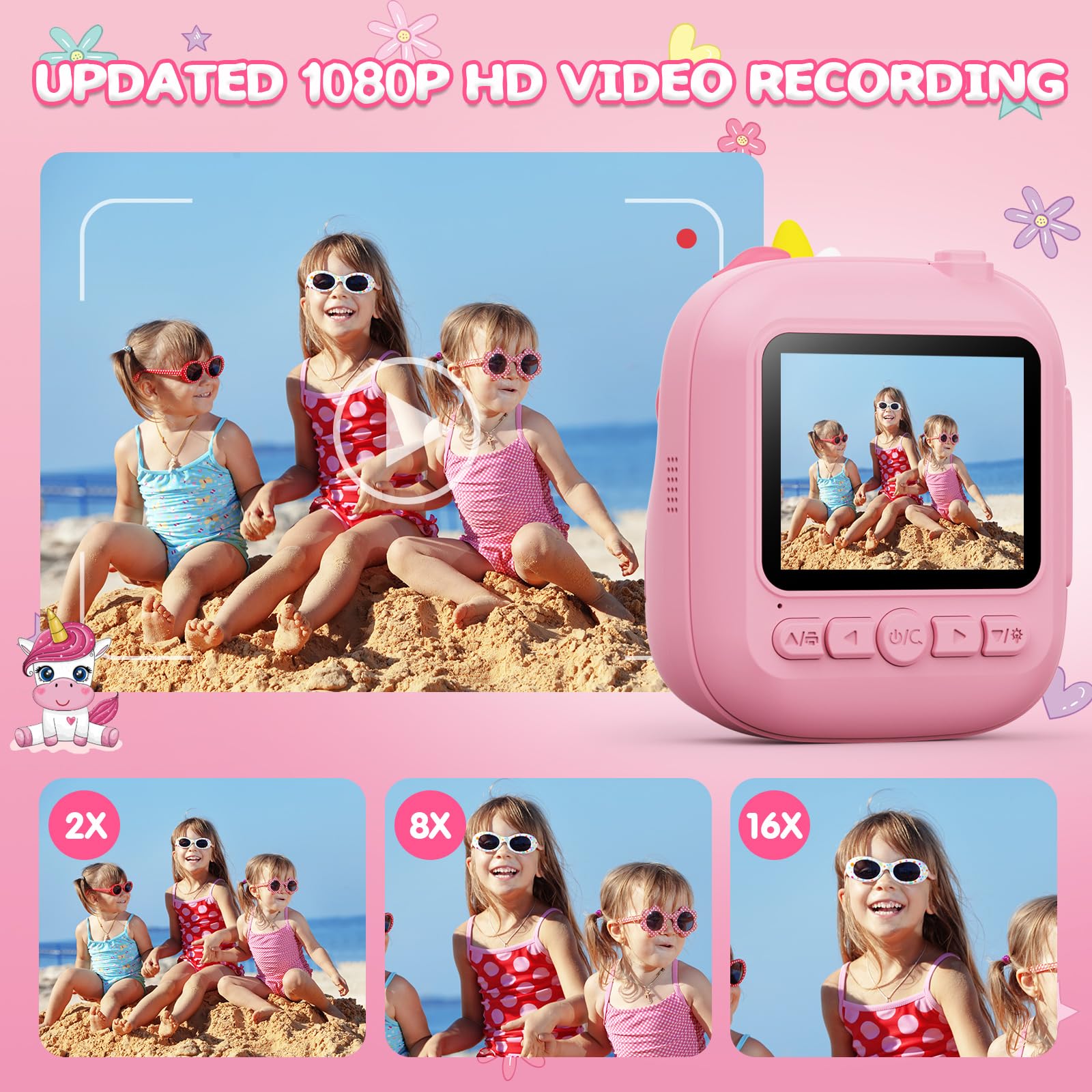 CAMCLID Macchina Fotografica Bambini Istantanea, 2,4 Pollici Digitale Fotocamera Bambini con 32GB TF Scheda e Carta Fotografica per Stampa, Regalo di Natale per Bambini dai 3-12 Anni(Rosa)
