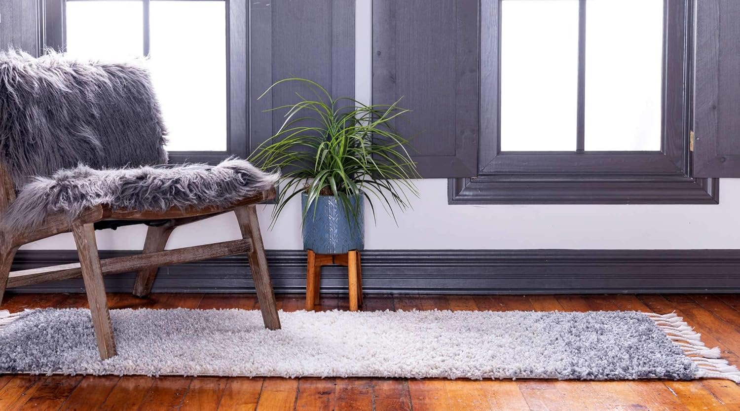 Unique Loom Hygge Shag Collection Area Rug - Gradient (2' 2" x 6' 1" Runner, Gray/ Beige)