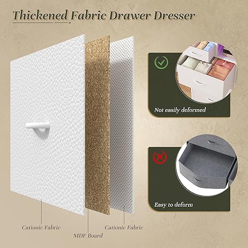 Miniatura 9 de Cómoda blanca para dormitorio con 10 cajones de tela, unidad organizadora con luz LED y estación de carga, cómoda resistente con 2 estantes abiertos