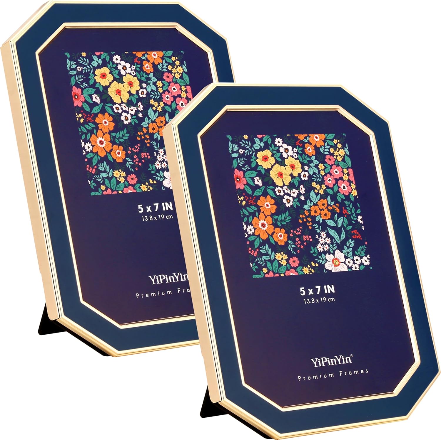 YiPinYin 5x7'' Navy Blue Enamel Picture Frames 2Pack with Gold Metal Plated Edge,HD-Real Glass & Velvet Back,Octagon Shape,Tabletop & Wall Mount