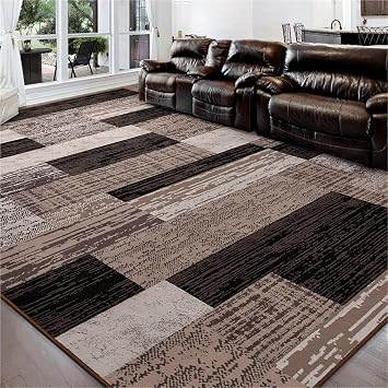 Modern Geometric Patchwork Area Rug 9x12 Chocolate - Large Indoor Rugs for Living Room & Bedroom, Machine Washable Floor Decor for Dining Room, Office, EntrywayD