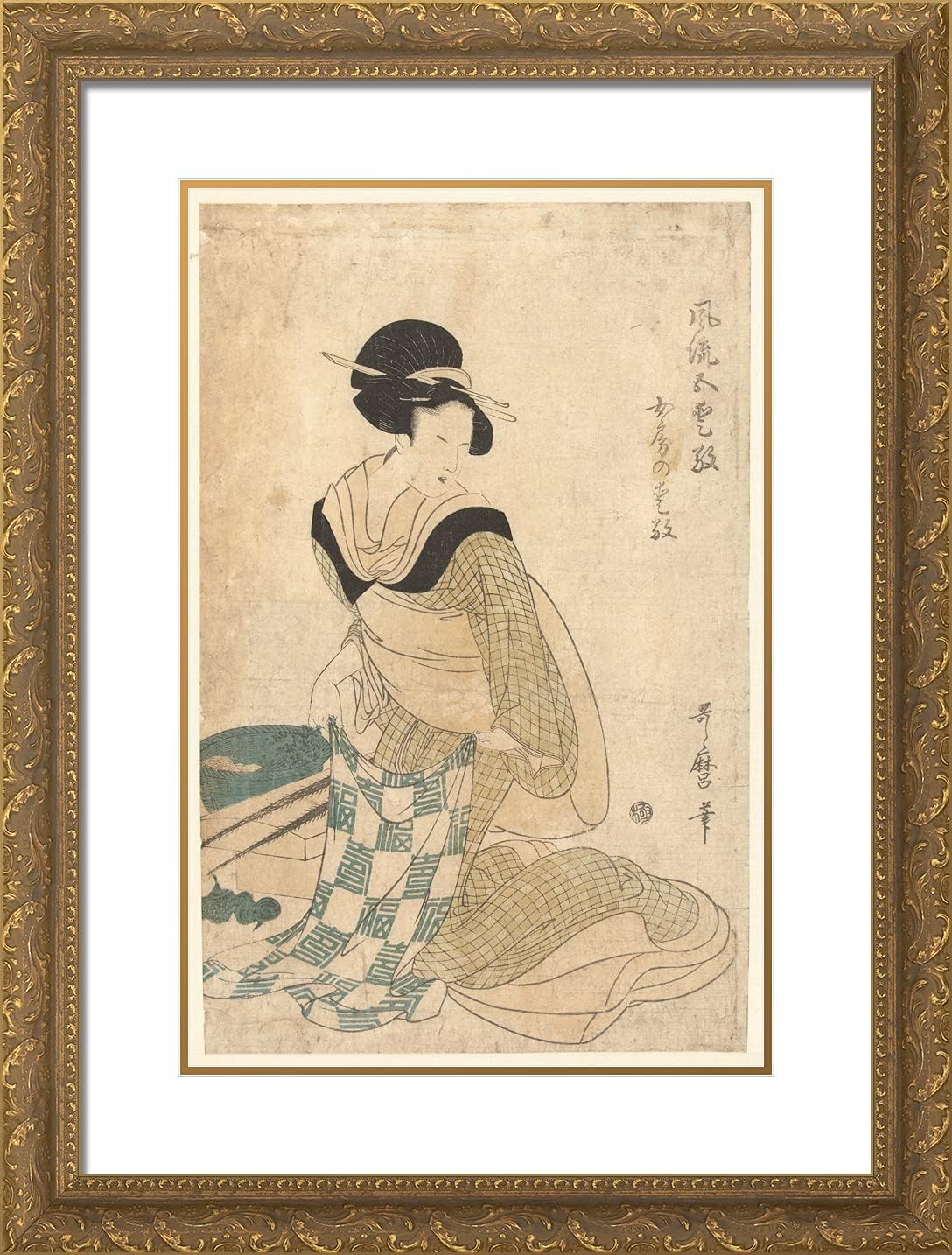ArtDirect Utamaro, Kitagawa 19x24 Gold Ornate Framed Art Print with Double Matting Titled: Household Charm
