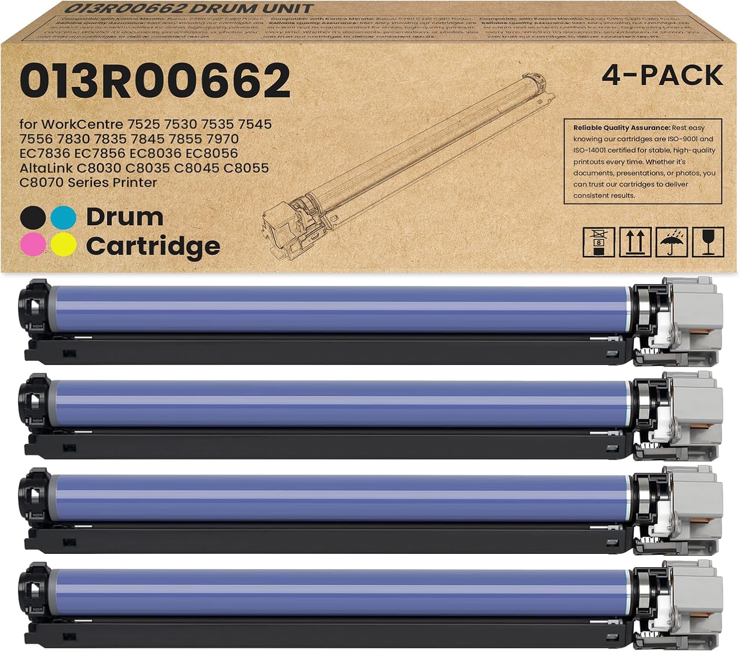 013R00662 Drum Cartridge 4-Pack Replacement for Xerox WorkCentre 7525 7530 7535 7545 7556 7830 7835 7845 7855 7970 EC7836 EC7856 Altalink C8030 C8035 C8045 C8055 C8070 Printer Imaging Drum Unit
