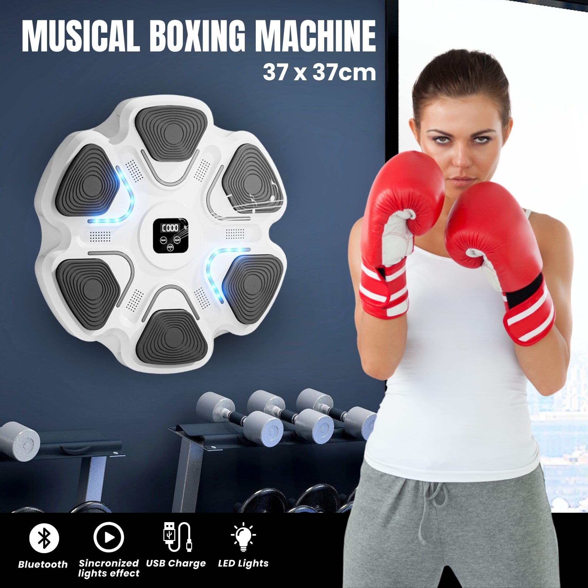 Máquina de Entrenamiento de Boxeo Musical. Equipo de Boxeo para Pared con LED, Guantes de Boxeo, Bluetooth y Luces al Ritmo de la Música. Maquina de Boxeo para Niños/Adultos. (9 modos, 37x37 cm)