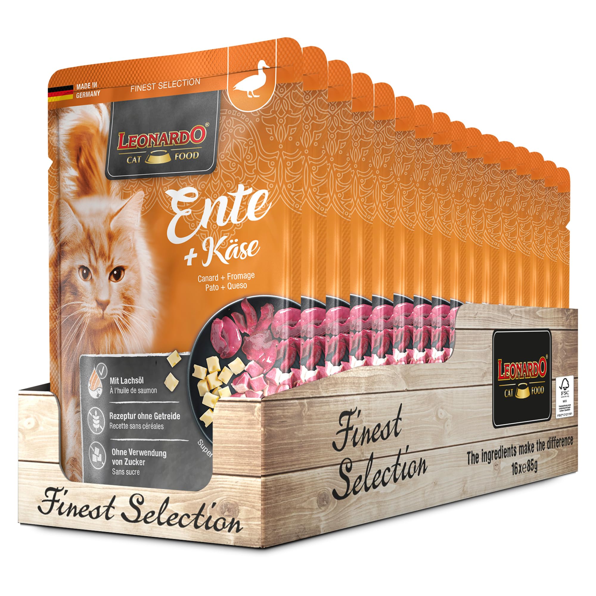 LEONARDO Frischebeutel [16x85g Ente + Käse] | Getreidefreies Nassfutter für Katzen | Feuchtfutter Alleinfutter im Einzelportionsbeutel