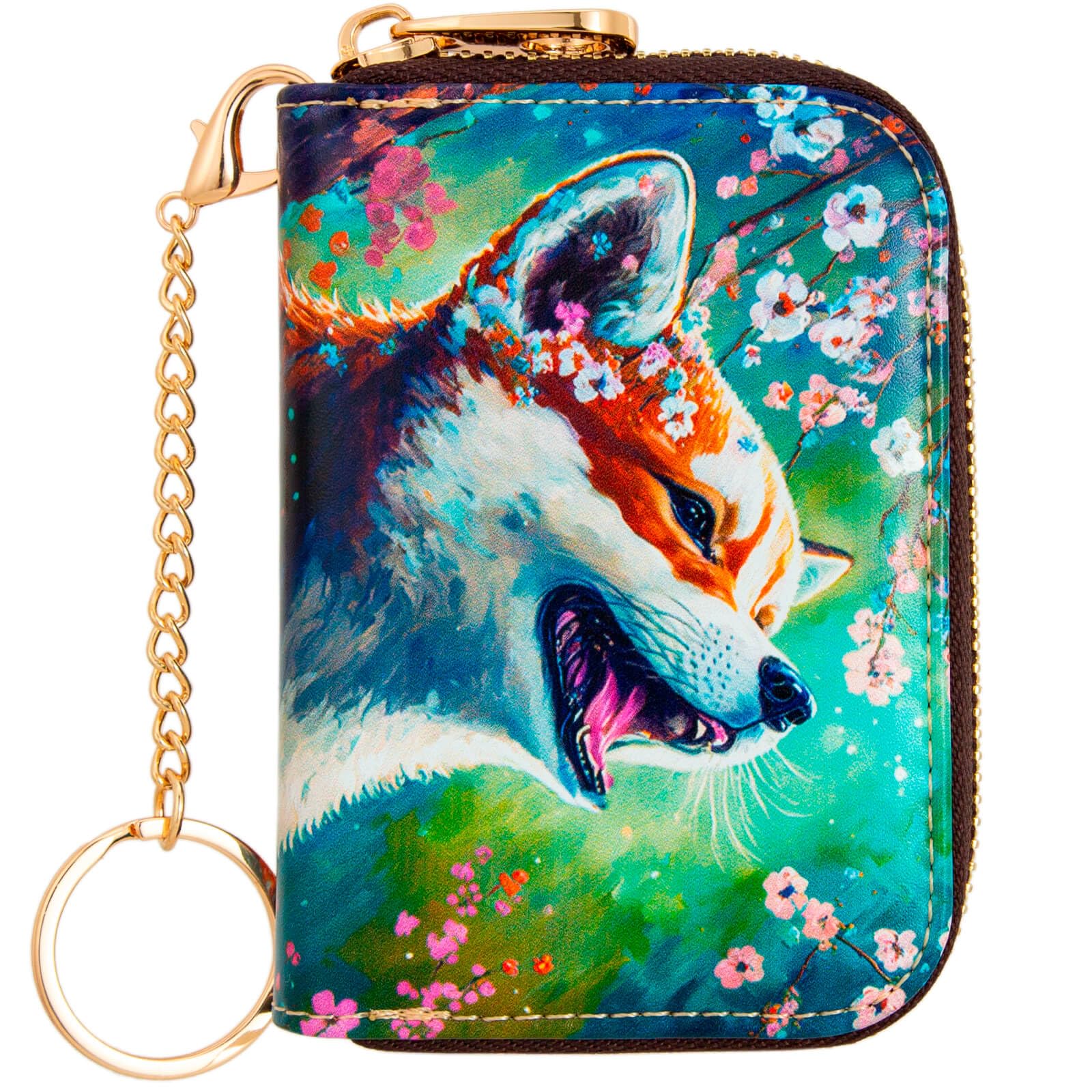 Kaabao Credit Card Holder, RFID Blocking Wallet for Women Small Slim Leather Wallets with Keychain Zipper Business Cards Case (Cherry Blossom Cute Dog Smile)