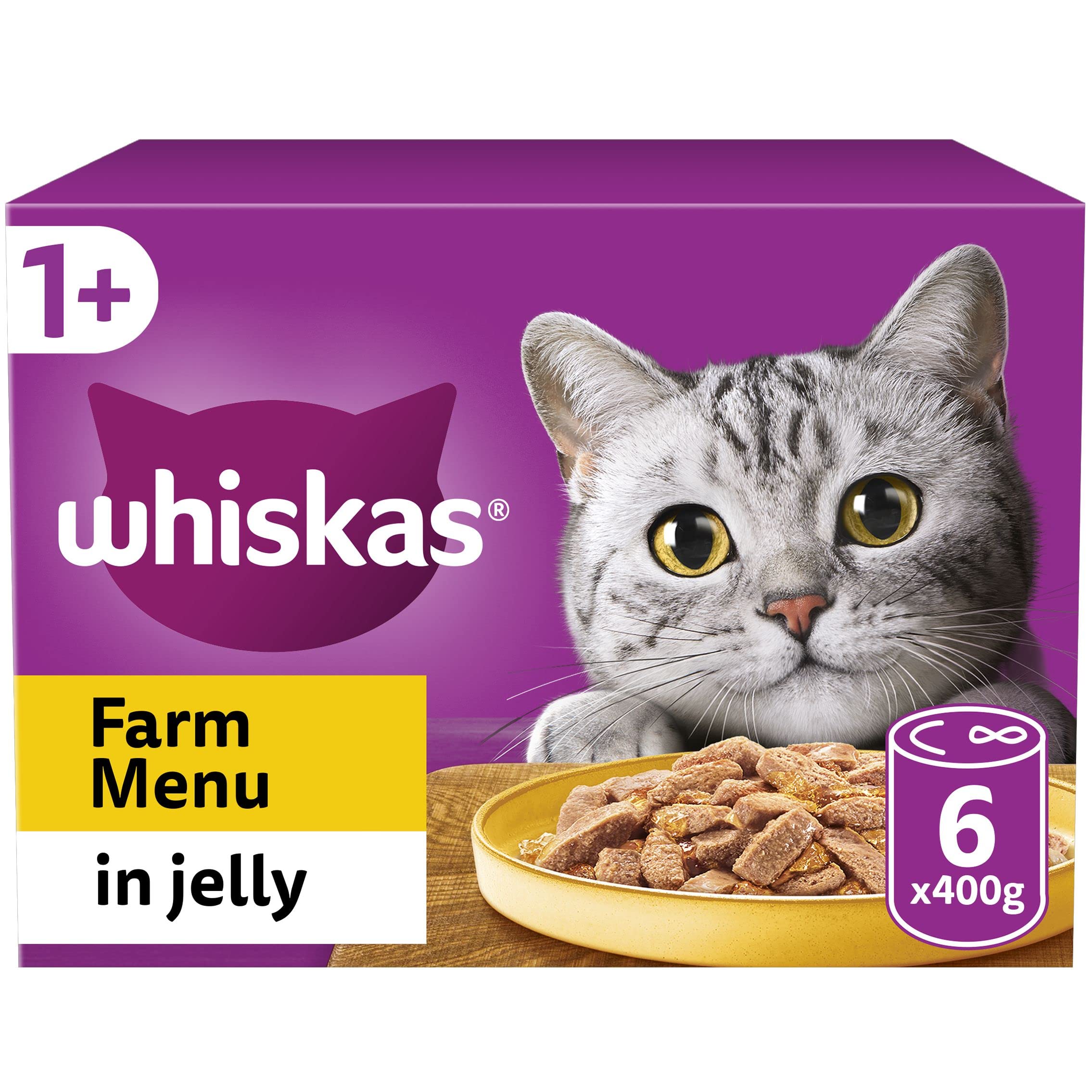 Whiskas 1+ Poultry Selection in Jelly Pack of 6x400 g (Pack of 4), Adult Cat Wet Food