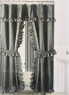Ruffled Double Swag Fabric Shower Curtain /12 Coordinated Rolling Ring Hooks, 2 Tie Backs (Black)