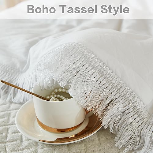Miniatura 6 de Litanika Juego de edredón blanco tamaño Queen, edredón bohemio con borlas estéticas, juego de ropa de cama ligero de microfibra con flecos de 3