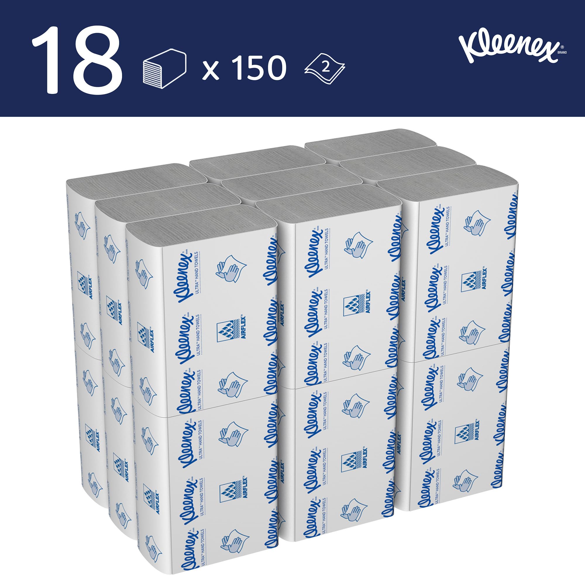Kleenex Ultra 4633 Toallas Secamanos plegados blancos, Toallas secamanos de Papel FSC desechable, 2 capas, 18 paquetes x 150 papeles pequeños (2700 en total)