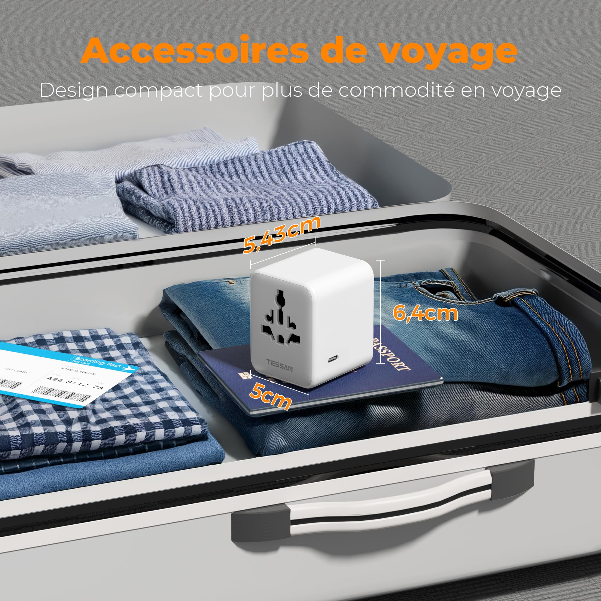 TESSAN Adaptateur Prise Universelle, Adaptateur Universel de Voyage avec 5 USB Puissance Totale 28W, International Voyage Accessoires France vers USA Anglaise Thailande Japon Australie Chine