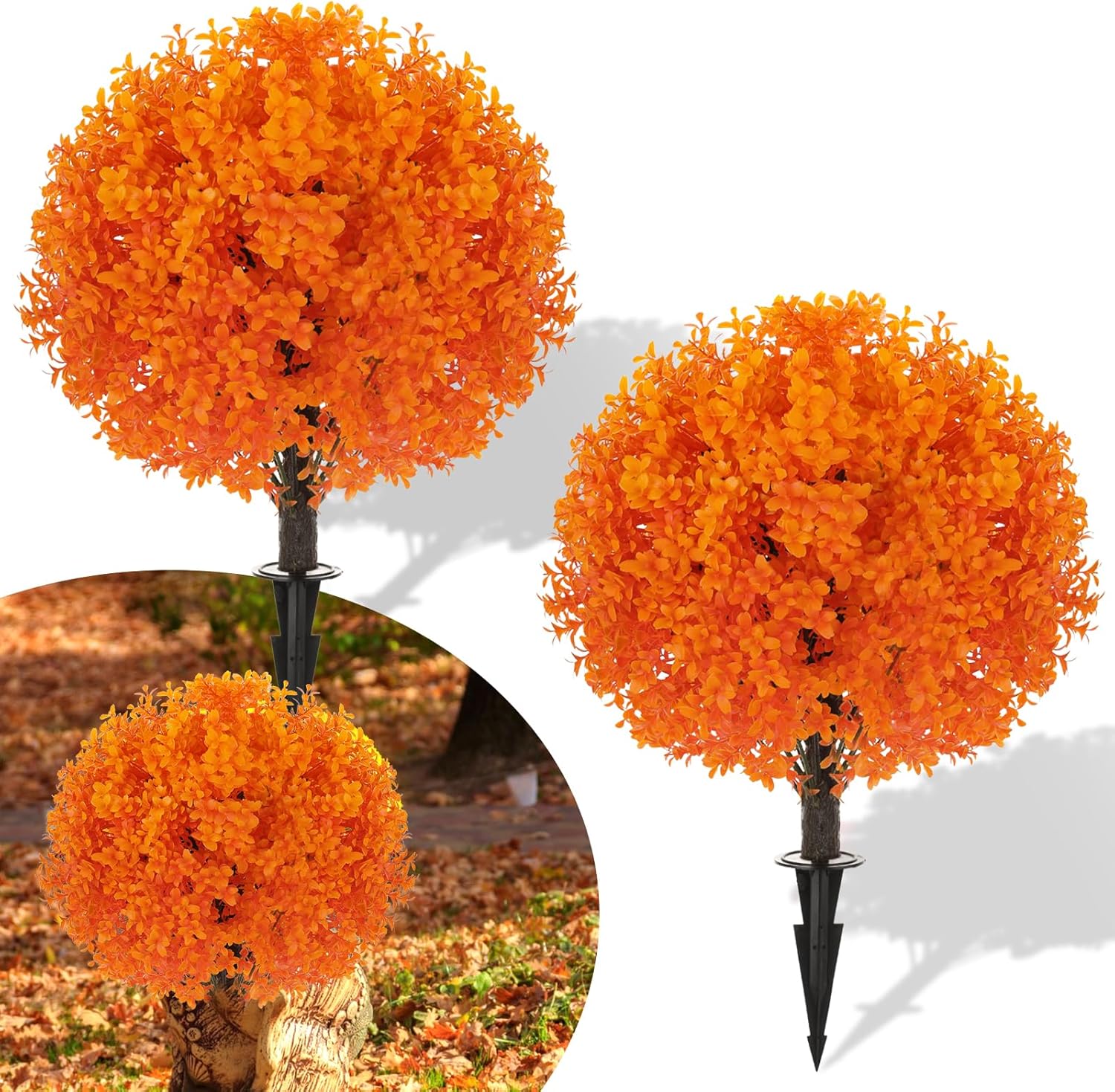 25.6" Artificial Fall Topiary Ball Trees, 2 Pack Artificial Shrubs Bushes with Ground Spike, UV Resistant Fake Evergreen Tree for Fall Porch Decor Fall Eucalyptus