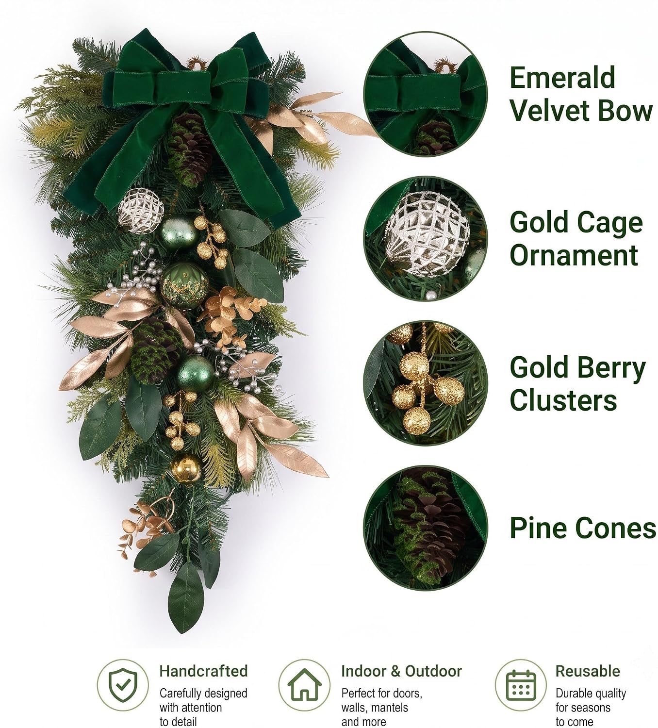 DecorbyHannah 24" Christmas Teardrop Swag Decorations with Lights for Door (Emerald Lover)