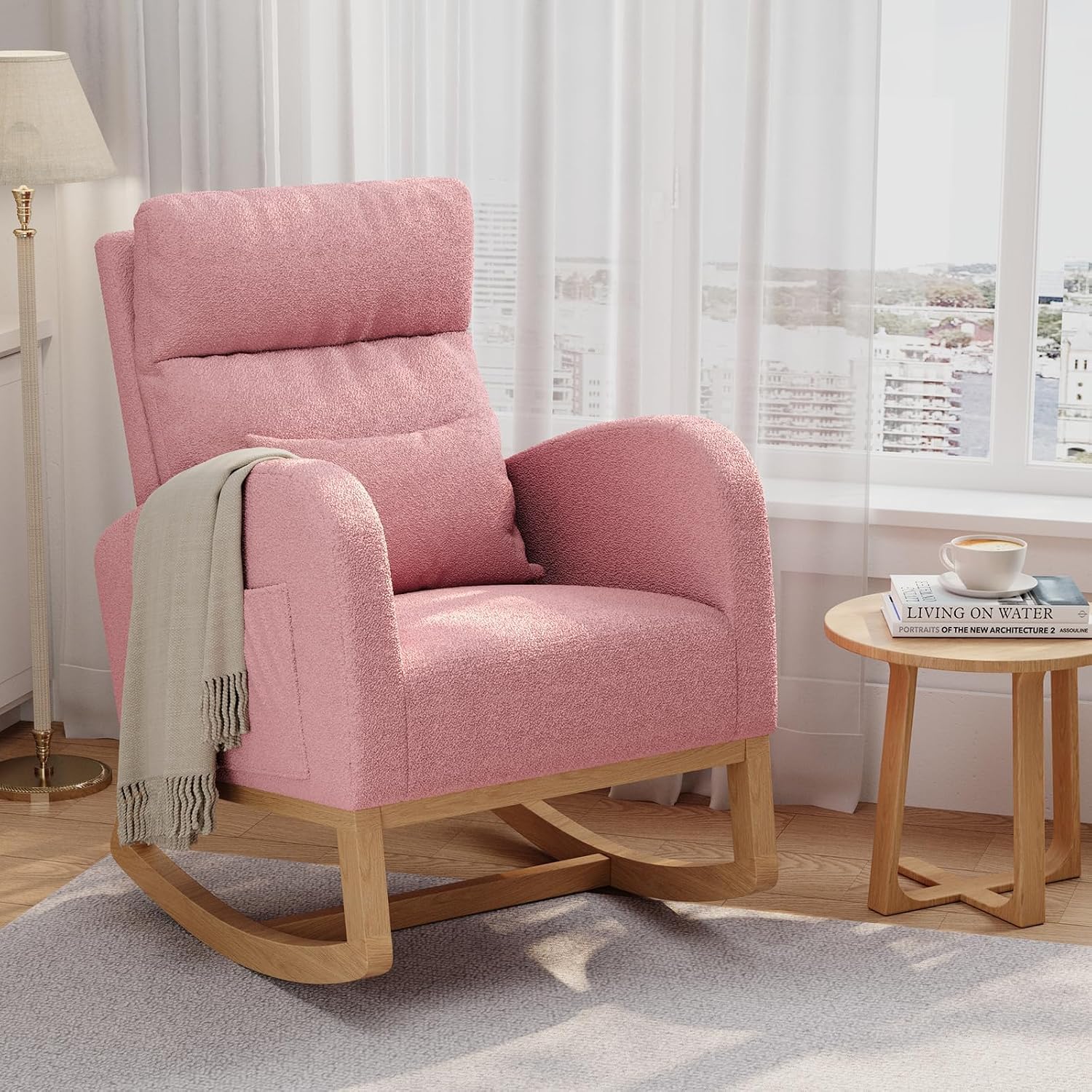 Teddy Fleece Rocking Chair, Modern Nursery Glider with Side Pockets & Pillow, High Back Upholstered Rocker for Living Room, Bedroom, Nursing Room (Pink)