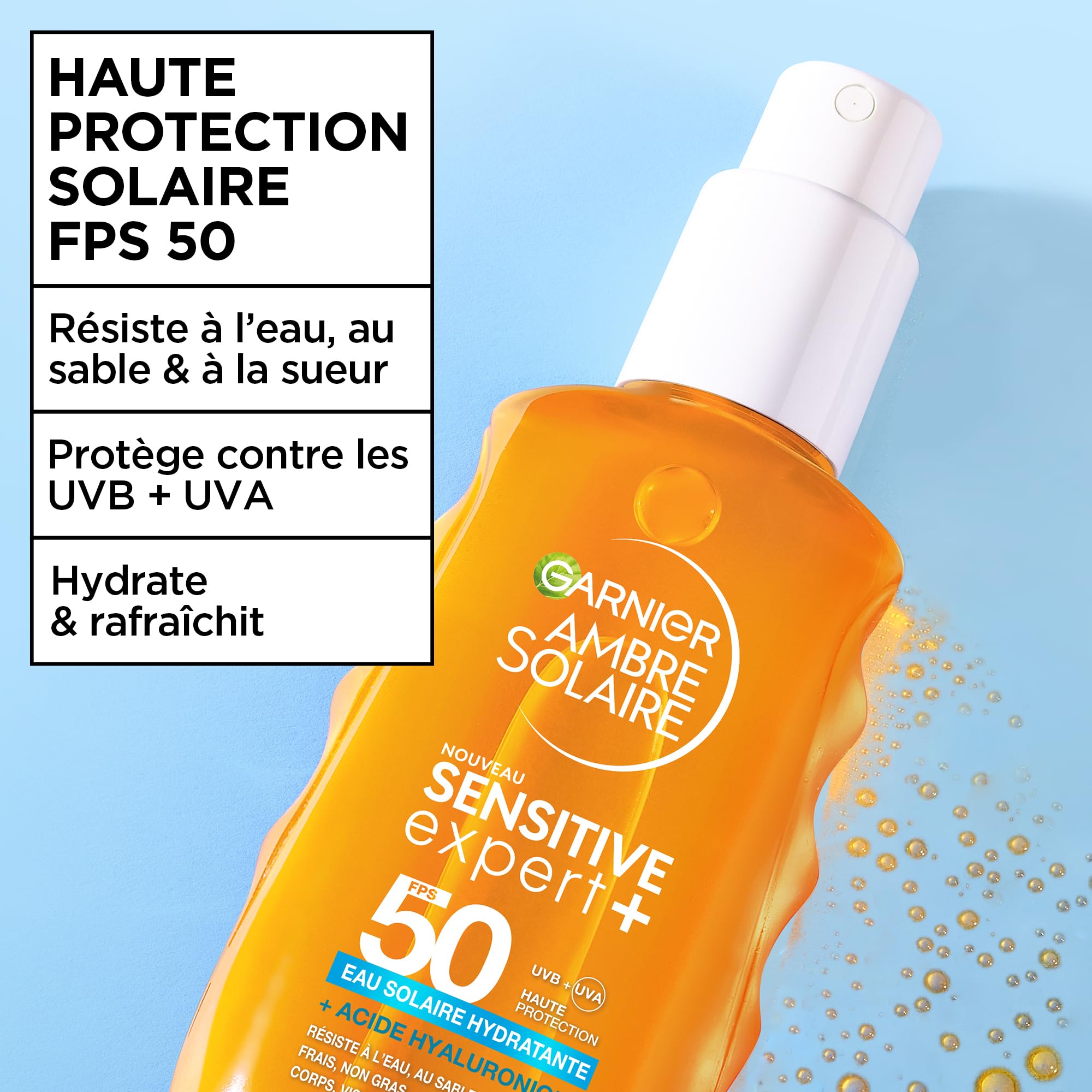 Image secondaire de Garnier Ambre Solaire Eau Biphase SPF 50 - Protection Solaire Légère pour Visage, Corps & Cheveux