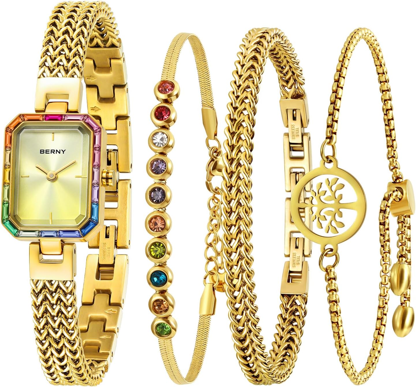 BERNY Silver Watches for Women Dainty Quartz Bracelet Watch Ladies Wrist Watch and Bracelet Set Coloured Stones Accented Fashion Luxury Birthday Gifts for Women