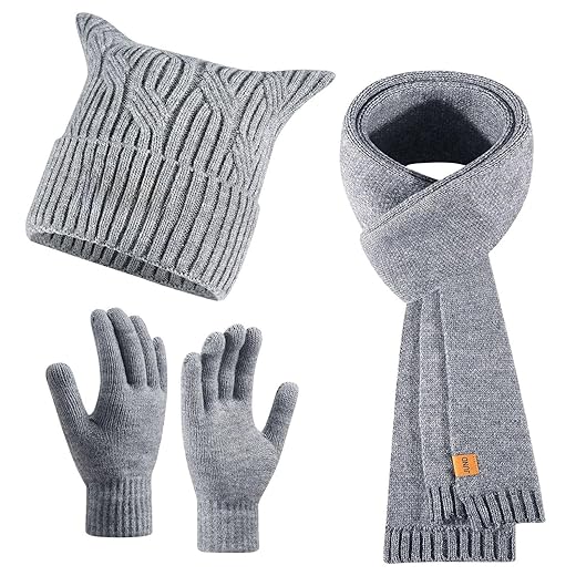 Generico Cappello invernale sciarpa Set Invernale Donna 3 Pezzi con Orecchie da Gatto Sciarpa e Guanti Maglia Morbidi Caldi Perfetto per Donne Che Amano Un Tocco Feline Accogliente