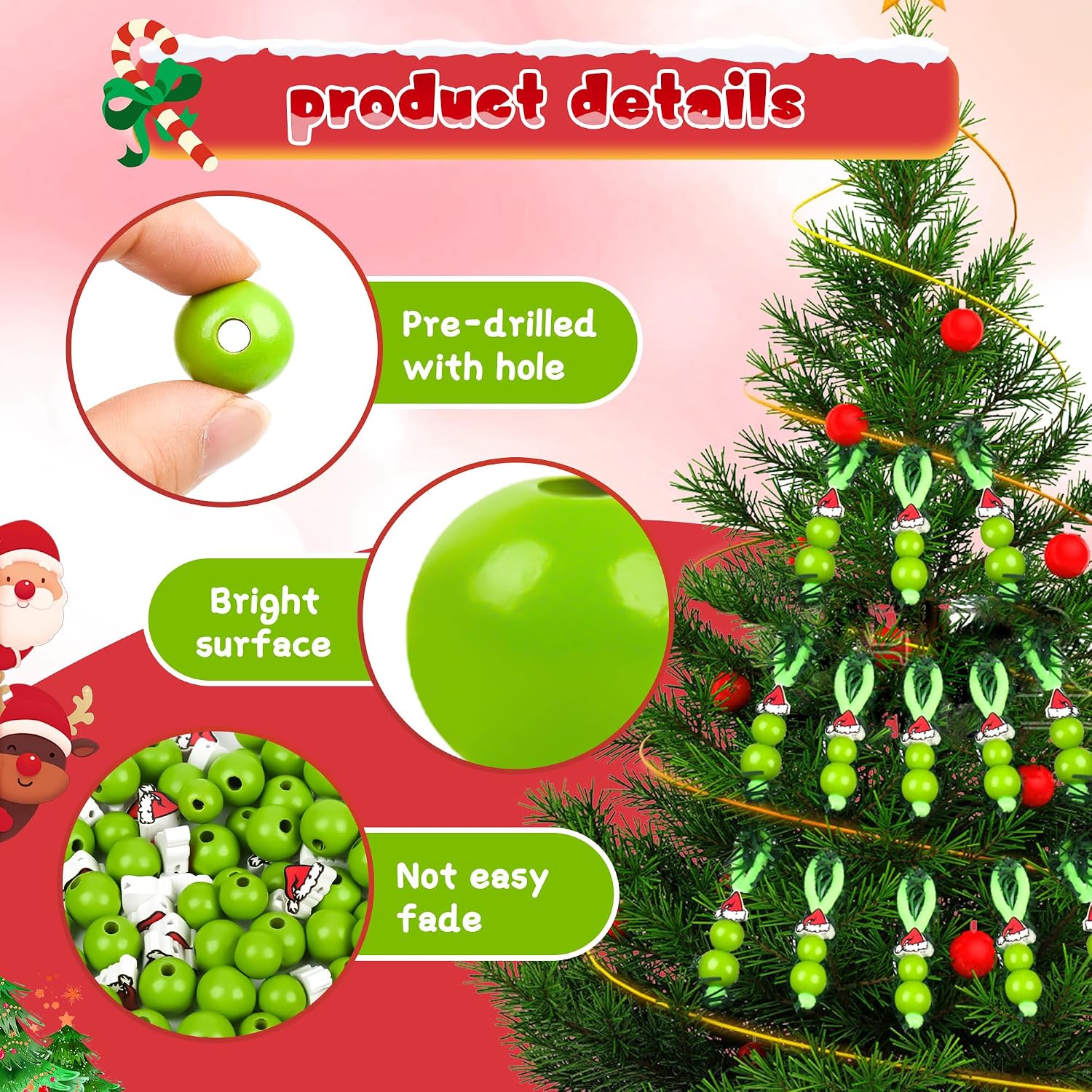 AllReal 36 Sets Lime Green Beads Craft Kit Christmas Beaded Green Ornaments Winter Xmas Rustic Wooden Bead for DIY Holiday Tree Hanging Home Decor (Assembly Needed)