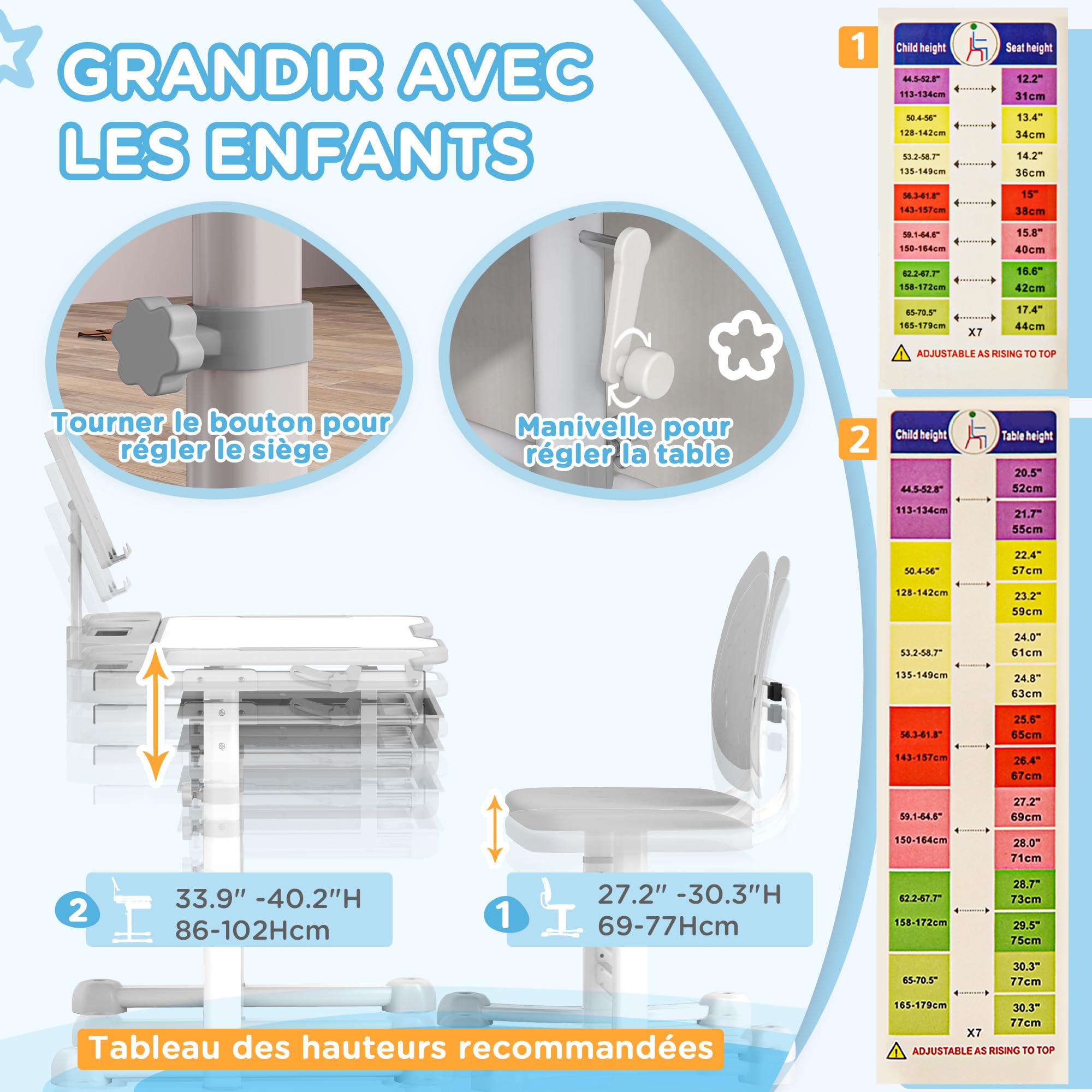 AIYAPLAY Scrivania Bambino con Sedia, Set Scrivania e Sedia per Bambini con Regolabile in Altezza, Vassoio inclinato 45°, Cassetto e Supporto Libro per Bambini dai 3 ai 12 anni, Grigio