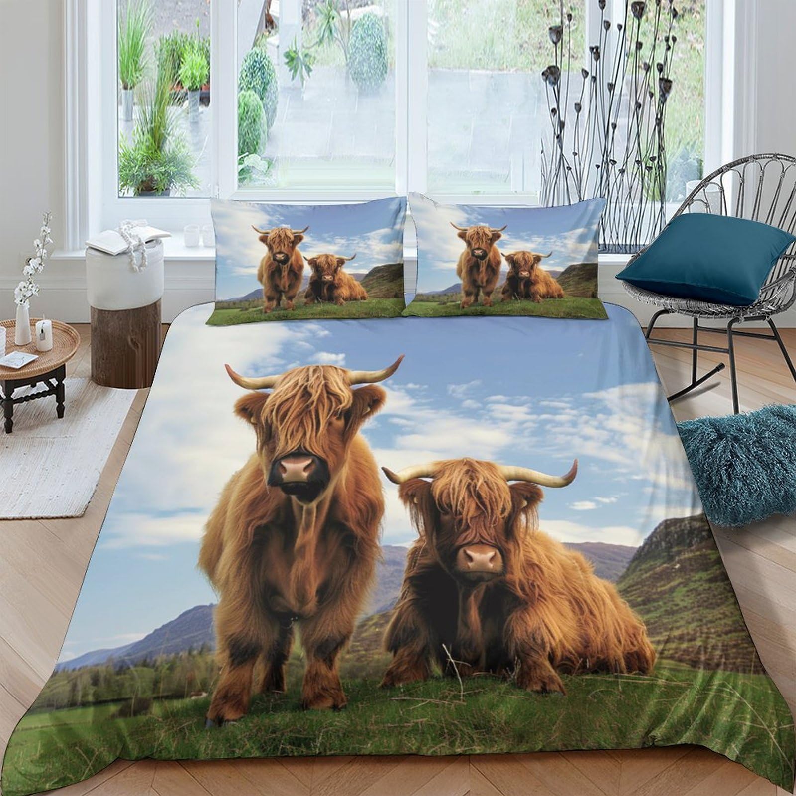 GPLZQXKJNH 3D Printed Highland Cow Duvet Cover Set Microfiber Soft Breathable Farm Scenery Quilt Cover with 2 Pillowcases for Bedroom Home Single（135x200cm）