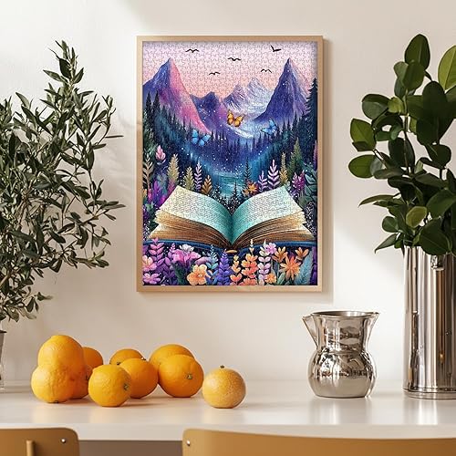 Miniatura 6 de Rompecabezas de libros coloridos para adultos, 1000 piezas, PICKFORU Impossible Nature Mountain Forest Puzzle Butterfly Bird, tema único de plantas