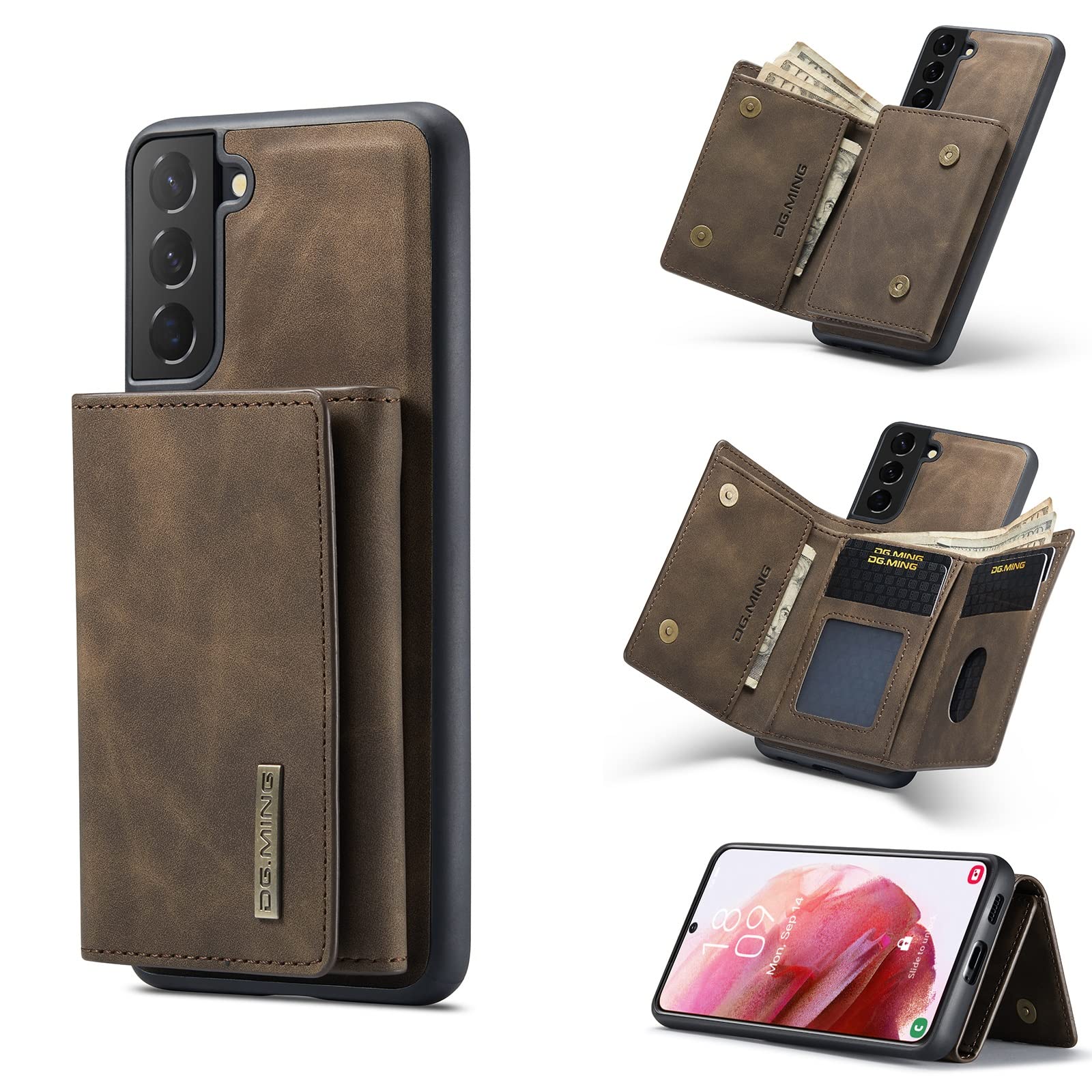 Oidealo 2 in 1 Wallet Case for Samsung Galaxy S22, DG.MING Retro Leather Phone Back Cover Magnetic Detachable with Trifold Wallet Credit Card Cash Holder (Coffee)