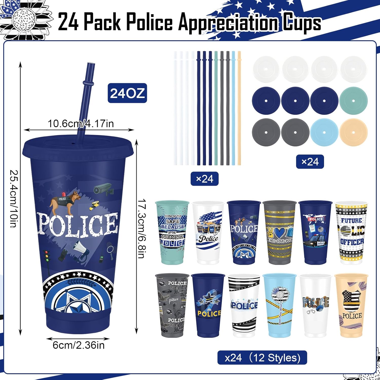 24 Pcs Police Officer Gifts Bulk Plastic Police Tumbler with Lid and Straw 24 oz Reusable Cups Water Bottle Coffee Cups for Academy Graduation Gifts Men Dad Husband Fathers Day Birthday Party
