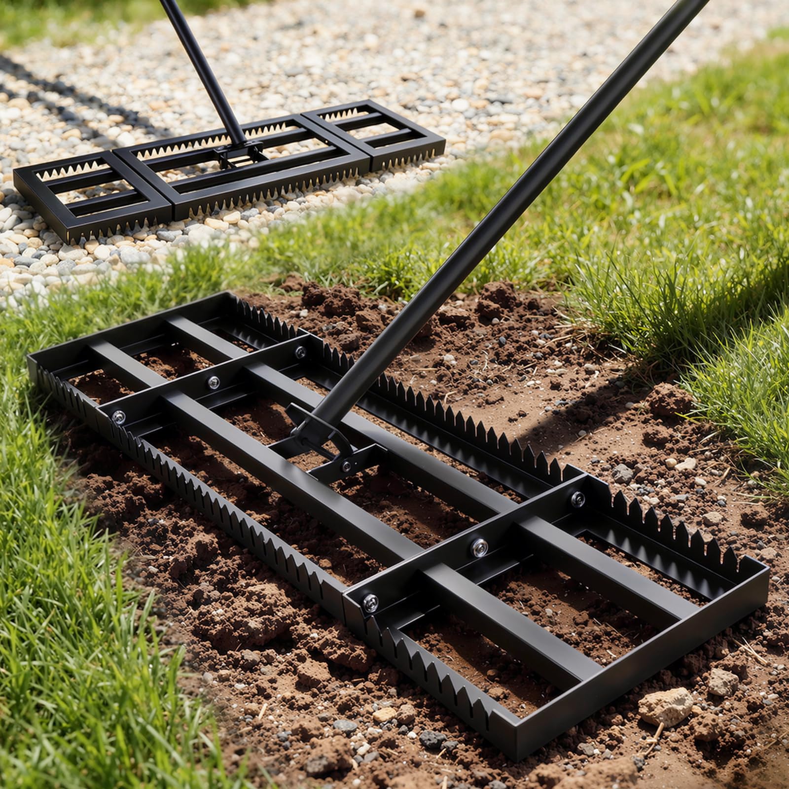 Housolution Rastrillo Nivelatore di Prato 32"x10" con Bordo Seghettato & Piatto Liscio, Rastrillo Nivelatore in Acciaio Inossidabile Resistente, Manico Regolabile 72", per Suolo/Terra/Composta/Erba Mo