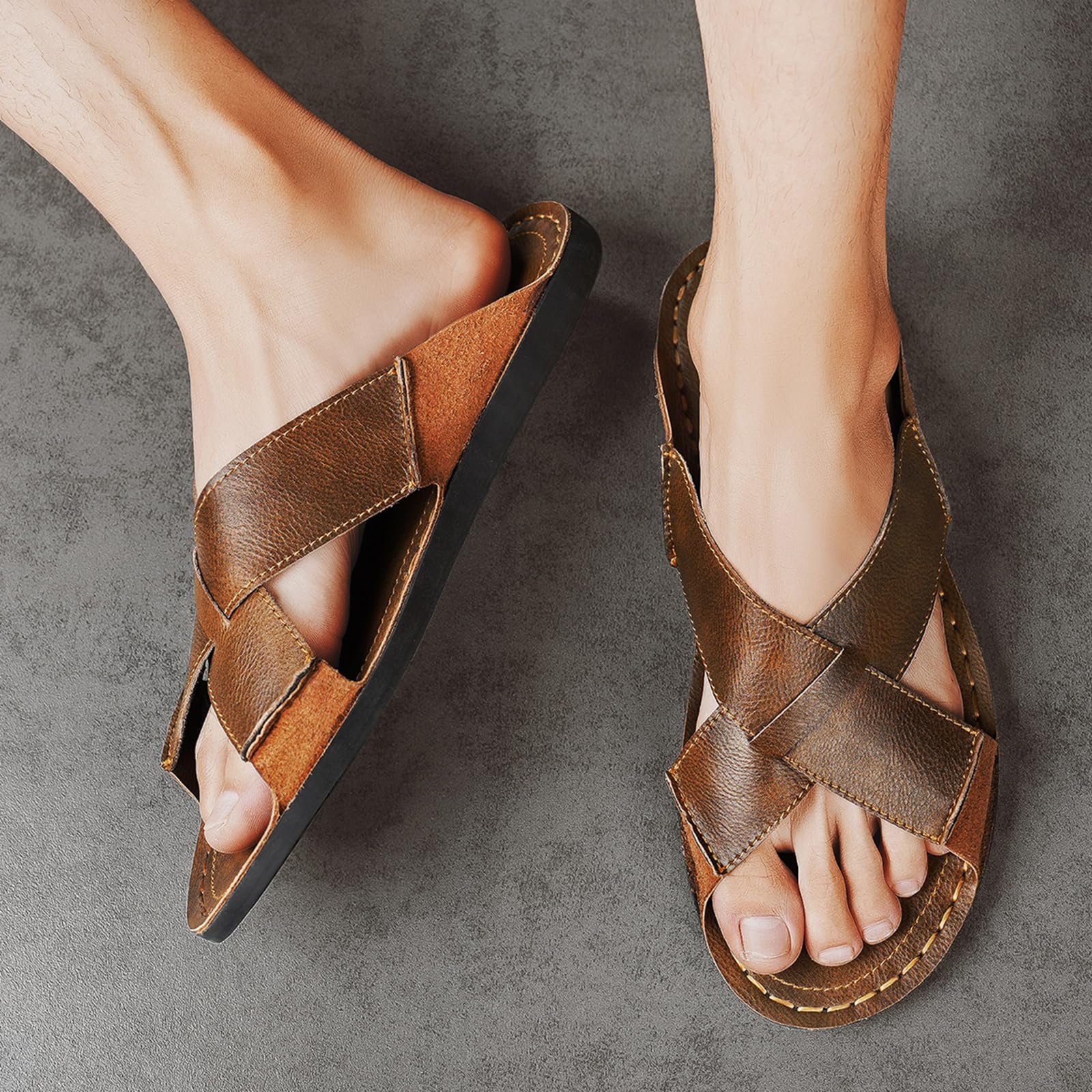 Sandalias de piel auténtica para hombre, cómodas, ligeras, abiertas, redondas, sin cordones, para exteriores, caminar, sandalias casuales de playa