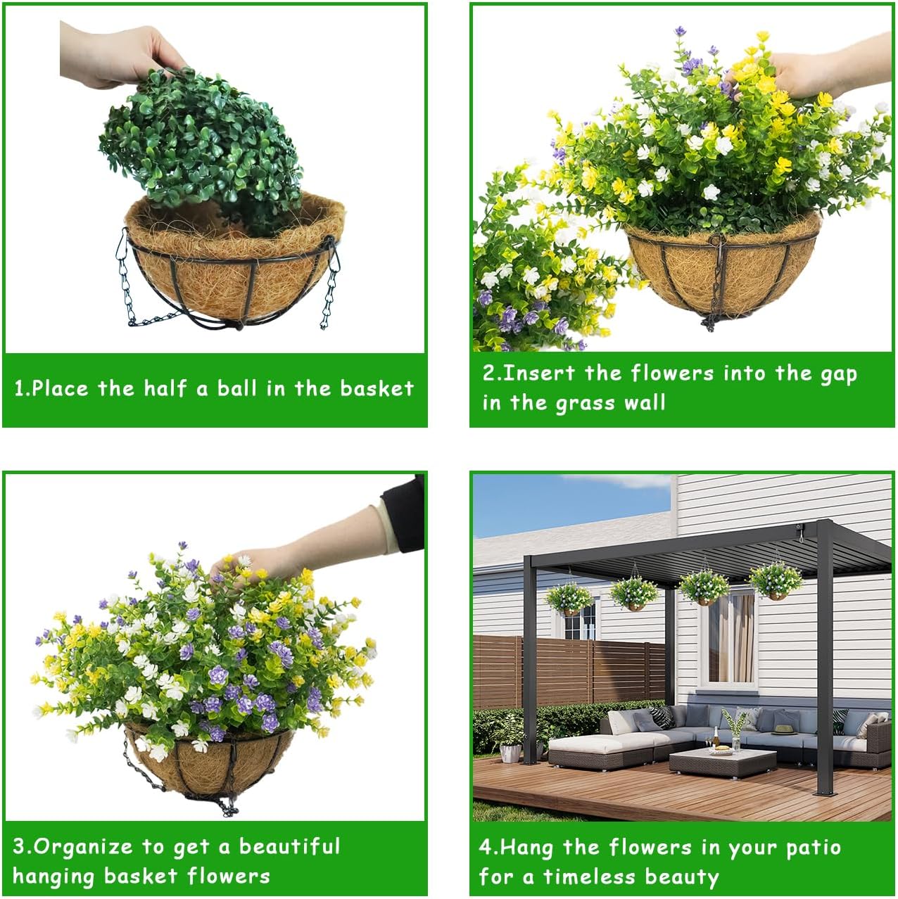 Artificial Hanging Flowers Basket, 12 UV-Resistant Bundles of Realistic Fake Flowers, Faux Plants for Outdoor Decor, Home, Garden, Porch, Patio, Spring & Summer Decorations, Yellow Purple White - Image 5