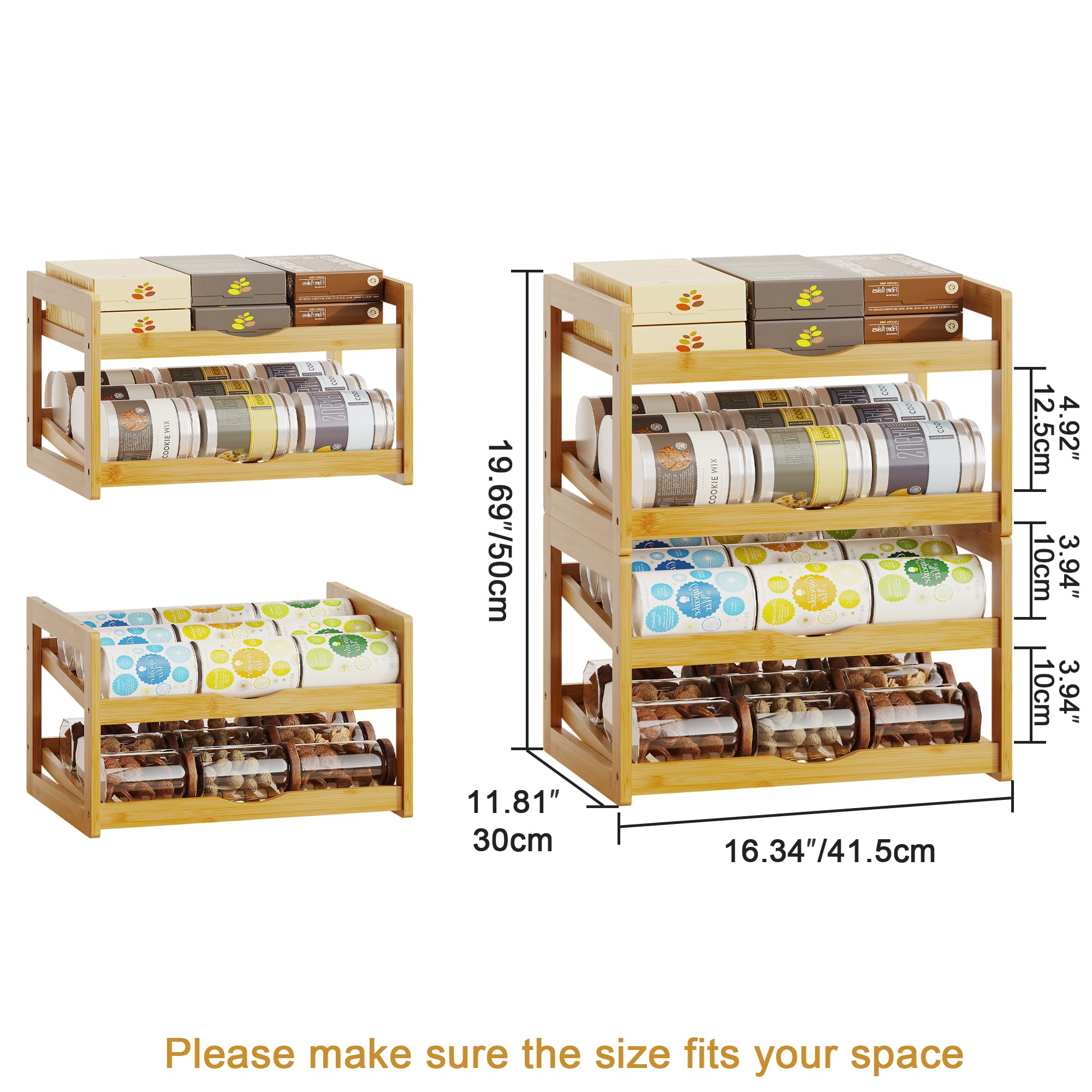 BAMBANG Organizador de latas para despensa, estante de almacenamiento de latas apilable de bambú desmontable de 4 niveles, dispensador de latas de refresco rodante para gabinete, capacidad para hasta