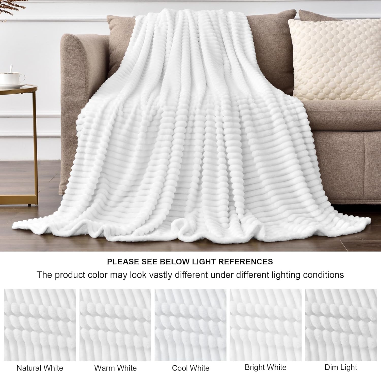 BEDELITE Fleece Blanket King Size – 3D Ribbed Jacquard Soft and Warm Decorative Fuzzy Blankets – Cozy, Fluffy, Plush Lightweight Throw Blankets for Couch, Bed, Sofa(White, 108x90 inches) - Image 6