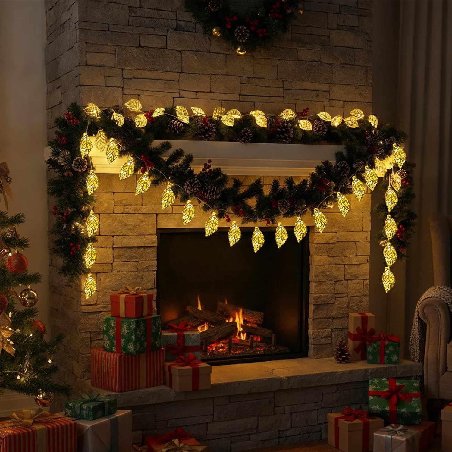 Party Propz Leaf Light for Decoration - 14 Led, 14ft, Golden Metal String Light for Home Decorations, Aesthetic Room Decor Lights, Led Lights for Decoration, Ganpati Decoration Light Led 2