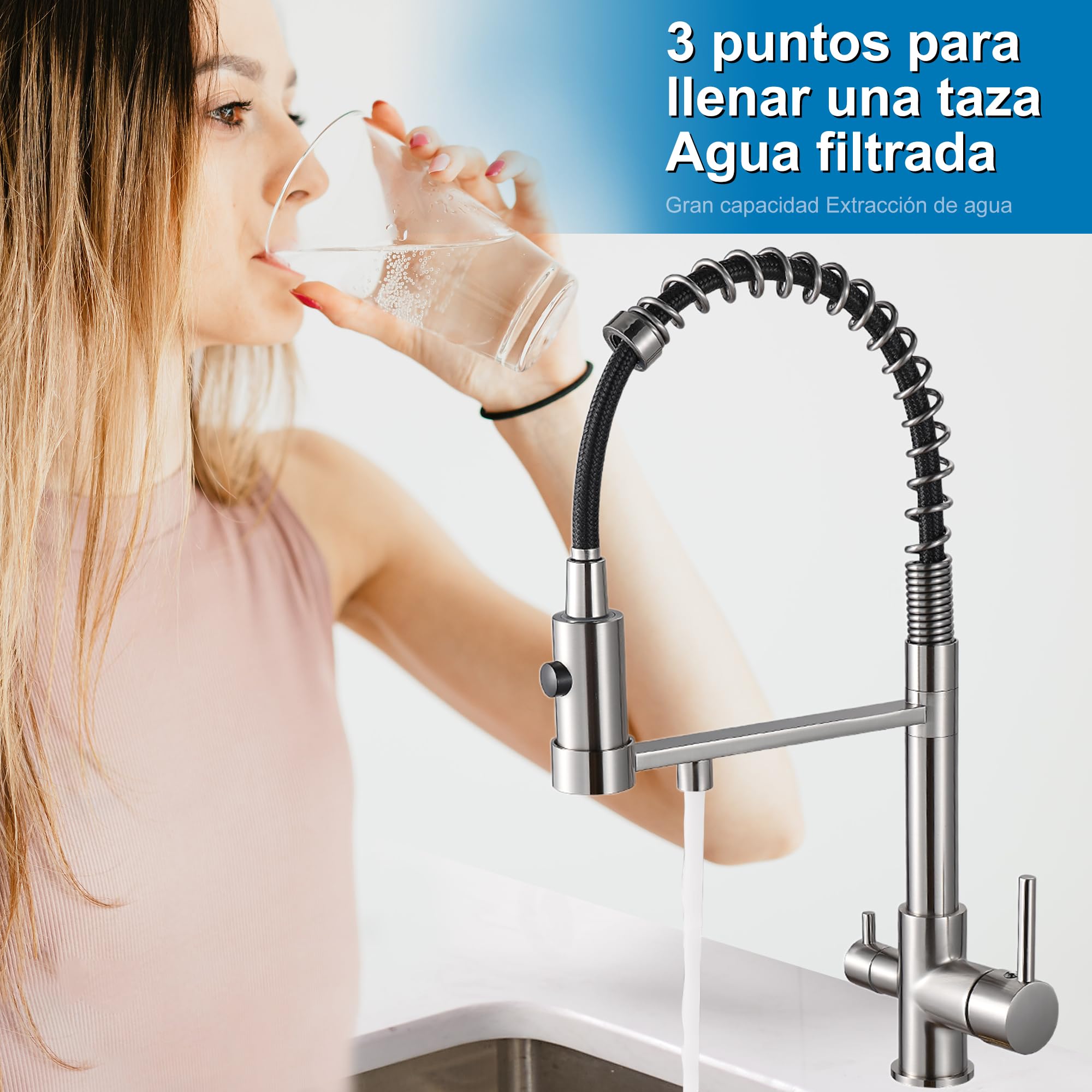 Robinet de cuisine 3 voies extensible en laiton 3 en 1 pour filtre à eau Nickel brossé